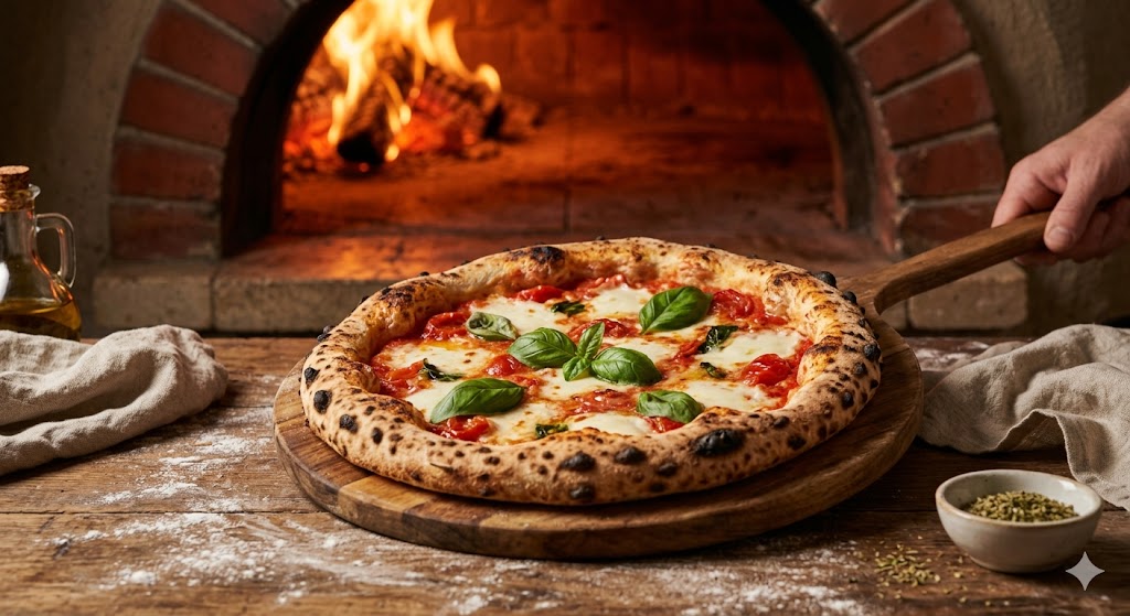 Pizza wird im heißen Steinofen gebacken